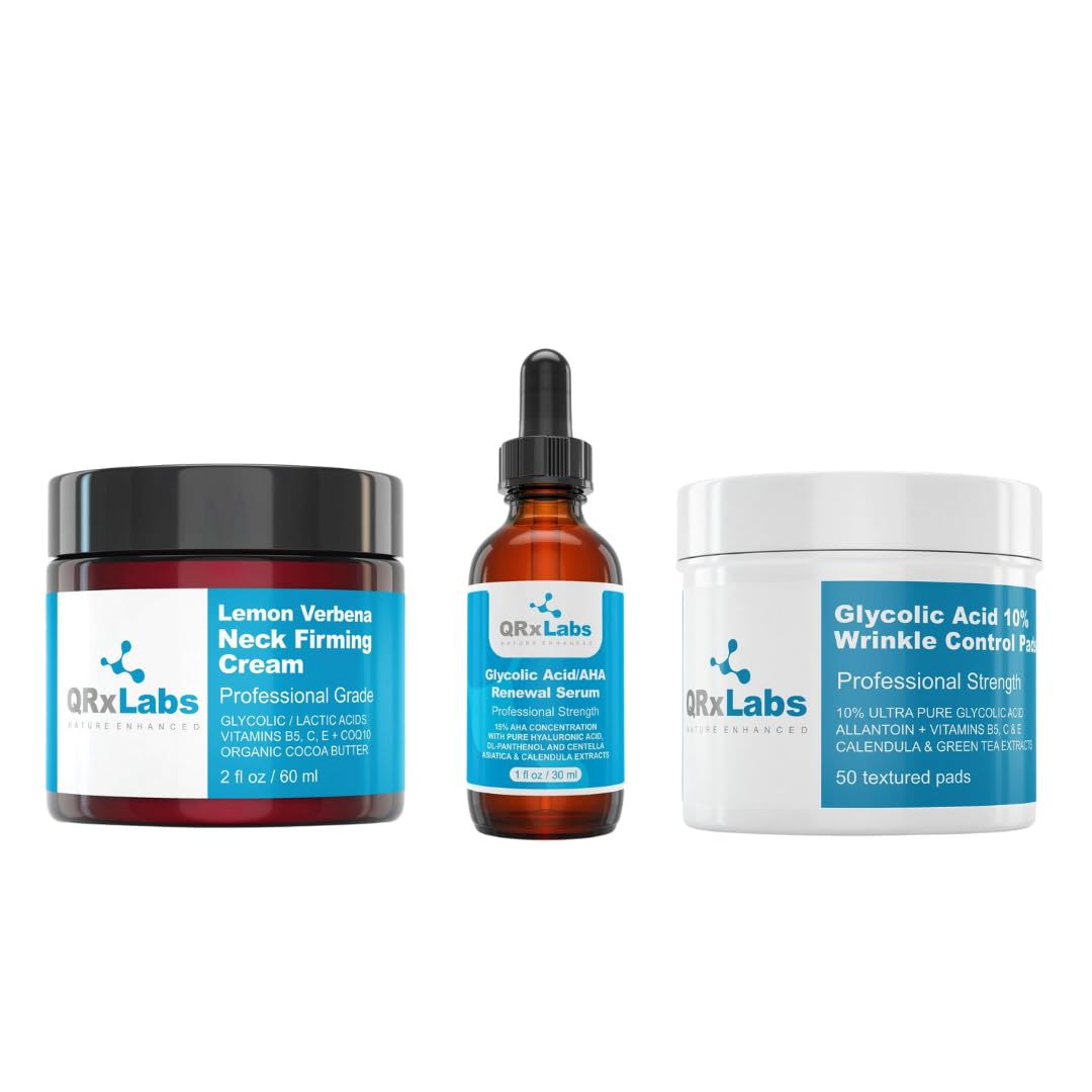 QRxLabs Wrinkle Control Trio: 10% Glycolic Acid Control Pads, 15% Renewal Serum for Face, Lemon Verbena Neck Firming Cream - Achieve Smooth, Bright, and Firm Skin - Prevents Wrinkles, Dark Spots