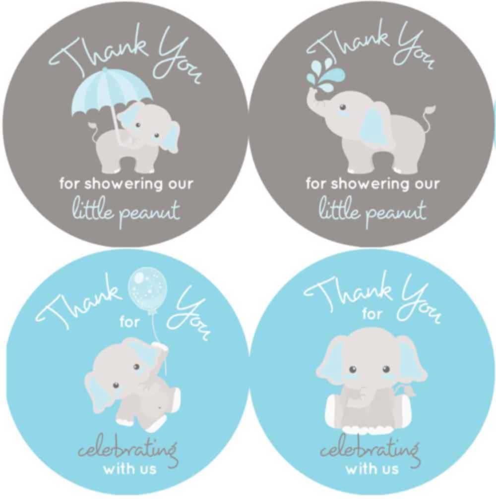 1.9 Inch Thank You Stickers Baby Shower Favors Boy Gray Elephant Labels Set of 60 (Blue)