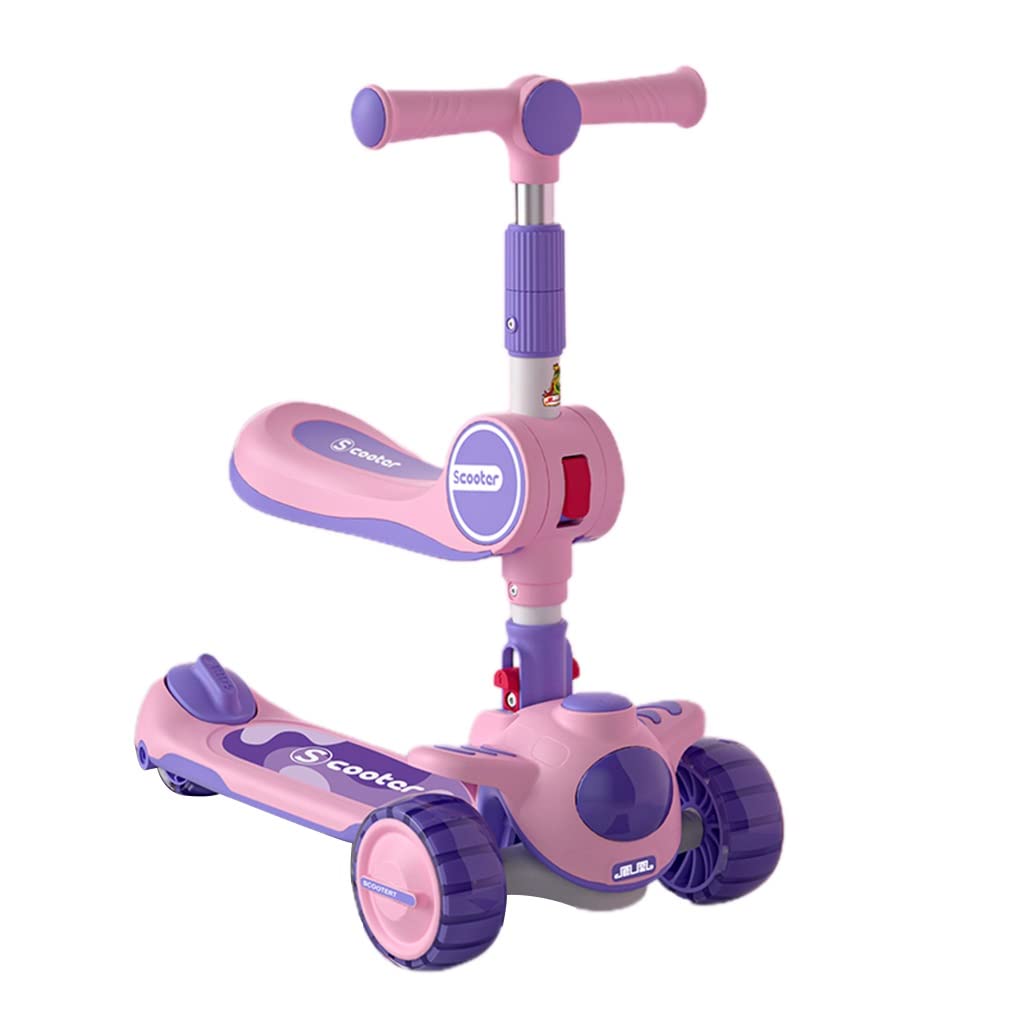 3 Wheeled Scooter for Kids W/Lights, 2-in-1 Sit/Stand Child Toy Kick Scooters, w/Flip-Out Seat, Adjustable Height, Wide Deck, Great for Outdoor Fun (Color : Pink, Size : 26 * 58 * 62-77cm)