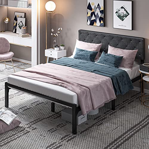 YITAHOMEQueen Bed Frame with Diamond Stitched Square Headboard, Platform Bed Frame with 12" Storage, Steel Slats Support, No Box Spring Needed, Dark Grey (Queen)