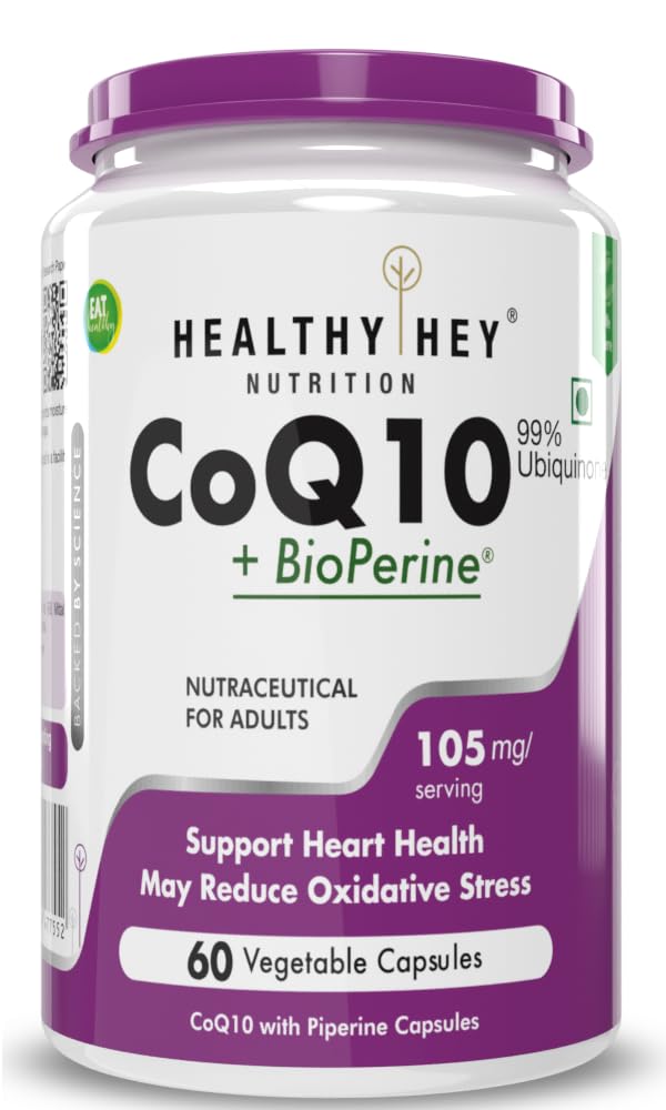 HealthyHey Nutrition CoQ10 105mg with Bioperine -Supports Heart Health - 60 Veg Capsules