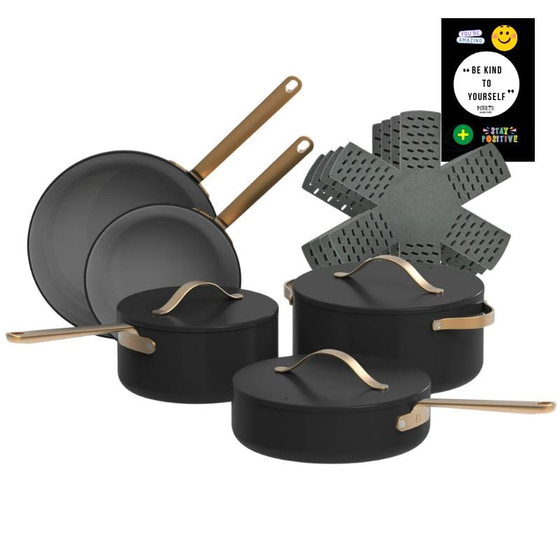 12pc Ceramic Cookware Set, Black Sesame - by Drew Barrymore, Non-Stick, Oven Safe, Dishwasher safe, handwash recommended, Compatible with all stovetops Maker Explorador Private Label