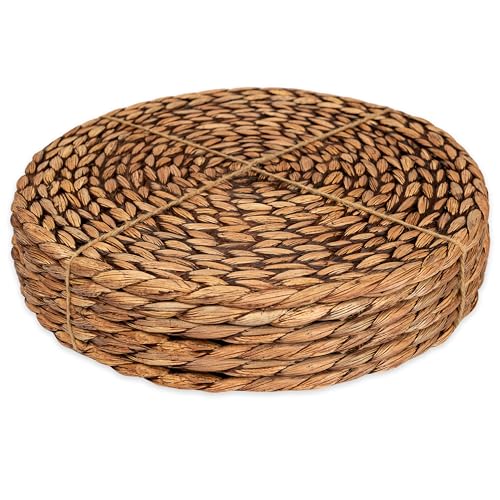 CENBOSS Woven Placemats (13.5' Set of 6, Brown Wash) Round Placemats, Wicker Placemats, Rattan Placemats, Plate Chargers