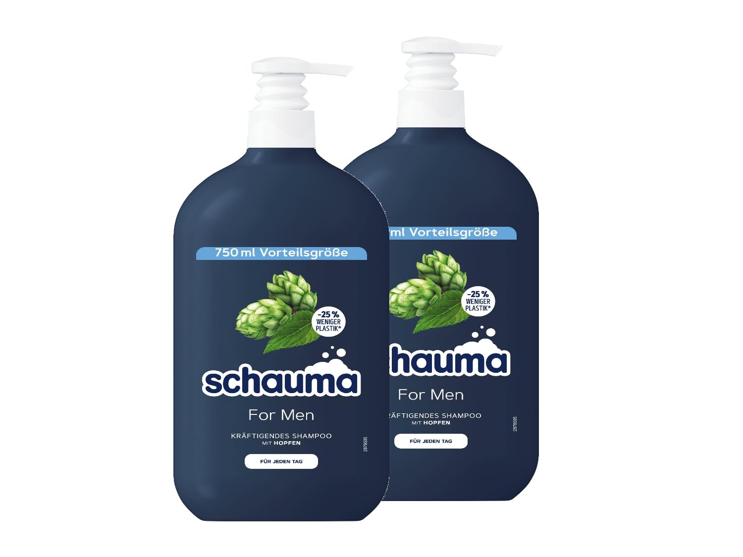 SchaumaSchwarzkopf Shampoo for Men with Hops, Strengthening Shampoo from Root to Tip, Pack of 2 (2 x 750 ml), Vegan Formula, Made from Recycled Plastic