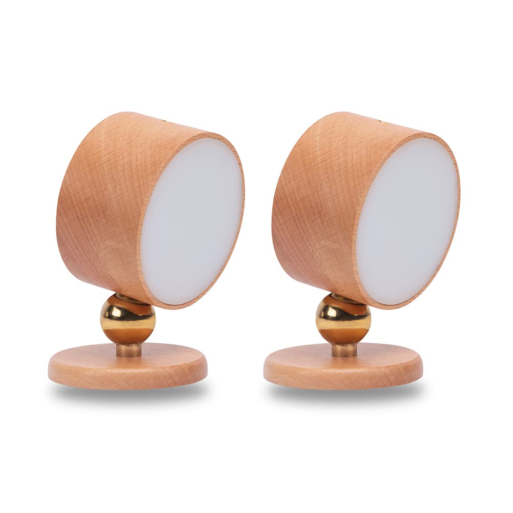 LANDGOO Wooden Led Wall Sconce, 360° Rotatable Dimmable Wall Lights Rechargeable Wall Lights Battery Operated Magnetic Led Night Light for Reading Light and Household Lighting (Beech Wood 2PCS)