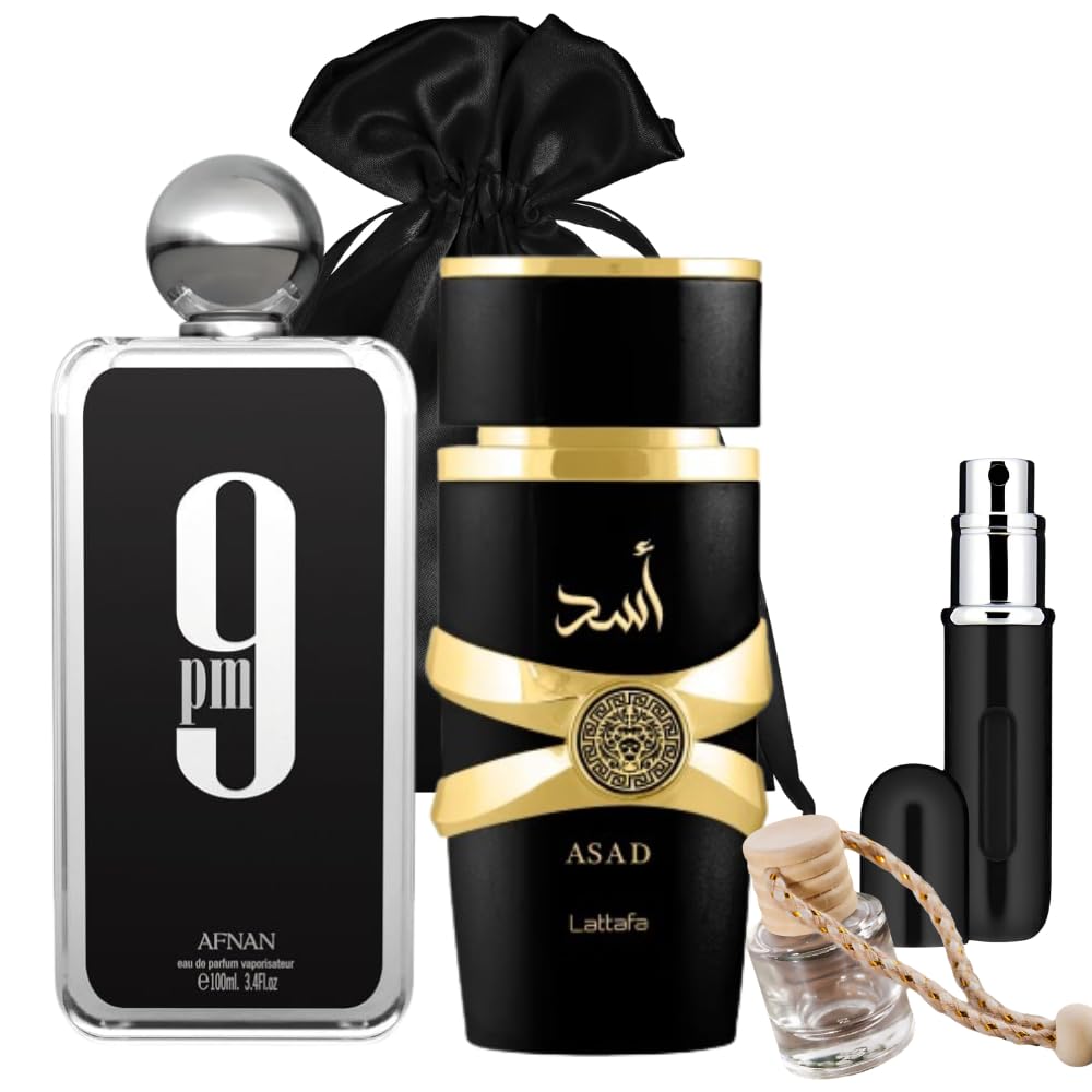 Bundle of 9 PM Afnan and Lattafa Asad Perfume for Men 3.4oz Eau de Parfum with 5ml Portable Refillable Atomizer and Refillable Car Freshener in a Satin Gift Bag