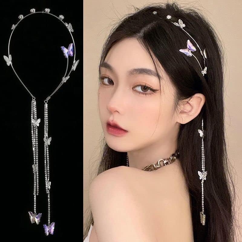 Wedding Butterfly Headband, Head Chain Silver Tassel Hair Hoop Band Hair Vine Vintage Decorative Headwear Headpieces Hair Accessories for Women and Girls Headdress