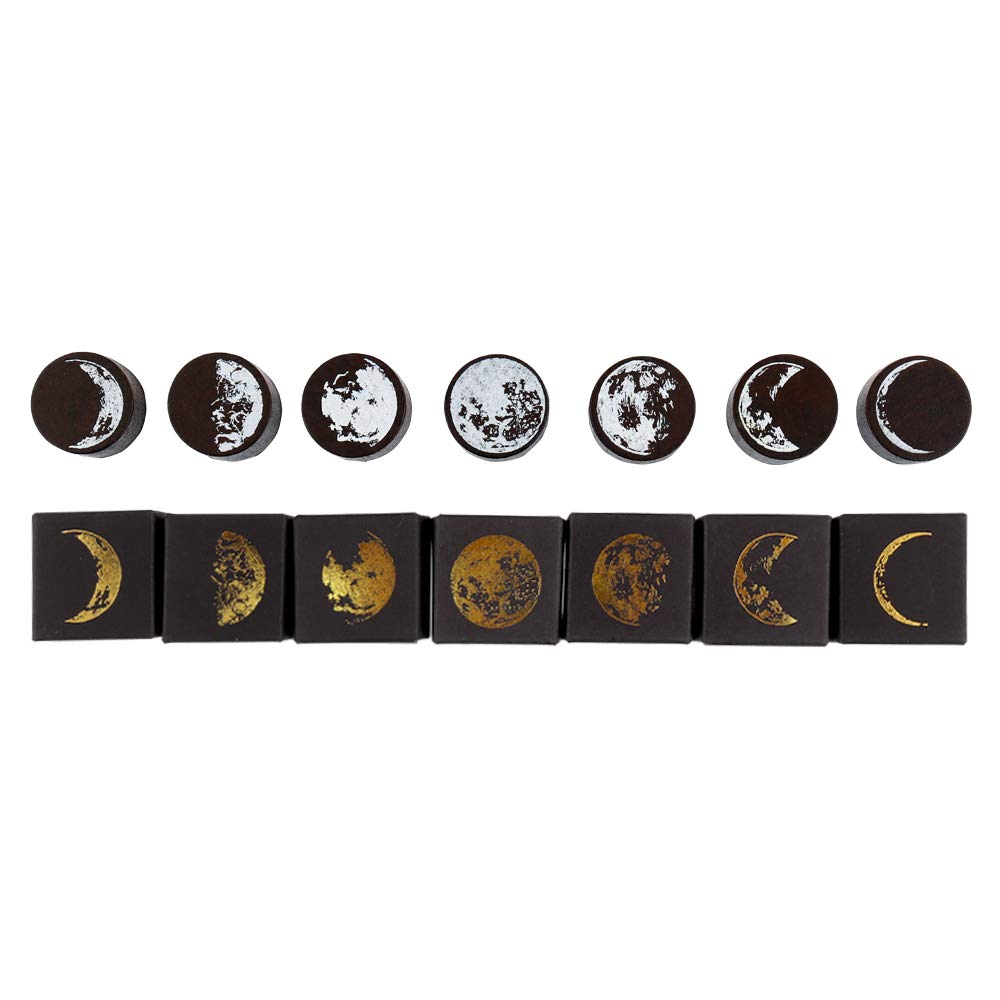 Dizdkizd 7 Pieces Phases of The Moon Wooden Rubber Stamps, Decorative Mounted Rubber Stamp Set for DIY Craft, Letters Diary and Scrapbooking