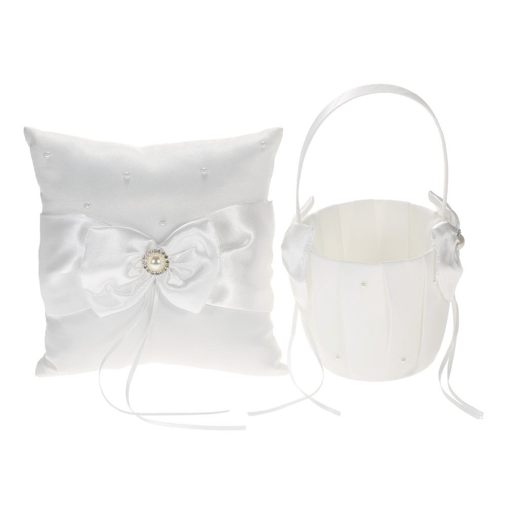 DecdealSatin Bowknot Rhinestone Decorated Ring Bearer Pillow and Wedding Flower Girl Basket Set, 7 * 7 inches White