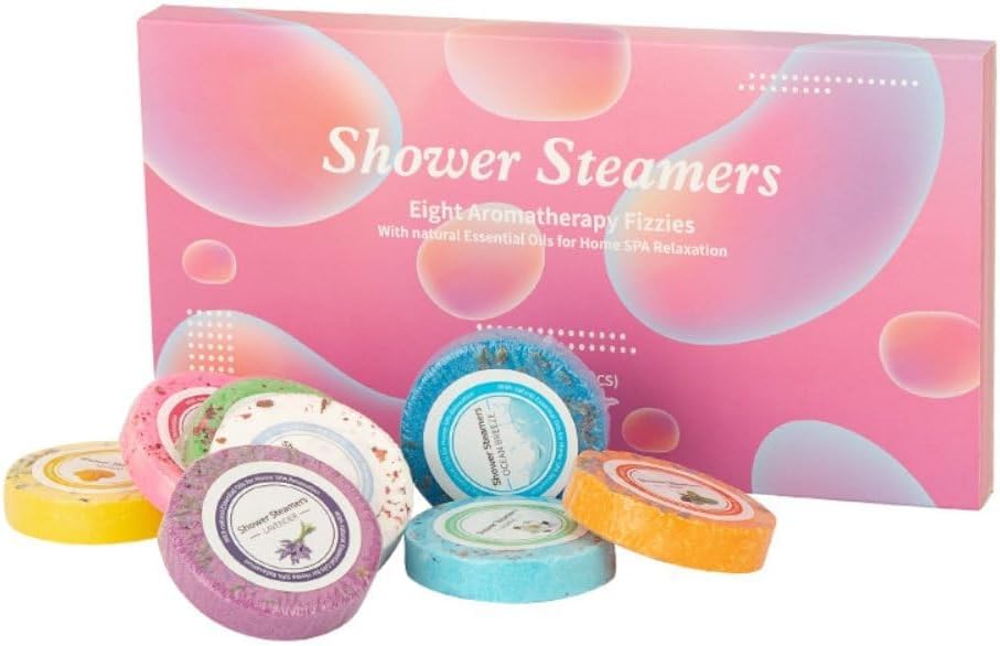 ChicAbode 8 Pcs Shower Steamers Aromatherapy, Aromatherapy Shower Bombs with Essential Oils, Mini Bath Bombs Tablets, Unisex, For Relaxing, Spa, Yoga, Birthday, Christmas, Pink Gift Box