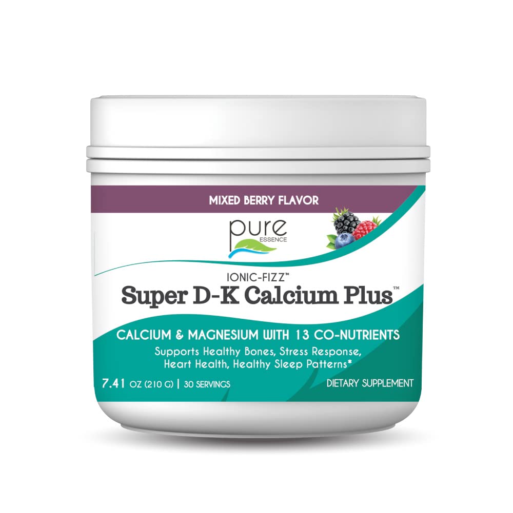 Ionic Fizz Super D-K Calcium Plus by Pure Essence - with Extra Magnesium, Vitamin D3, Vitamin K2 for Strong Bones and Stress Support - Mixed Berry - 7.41oz