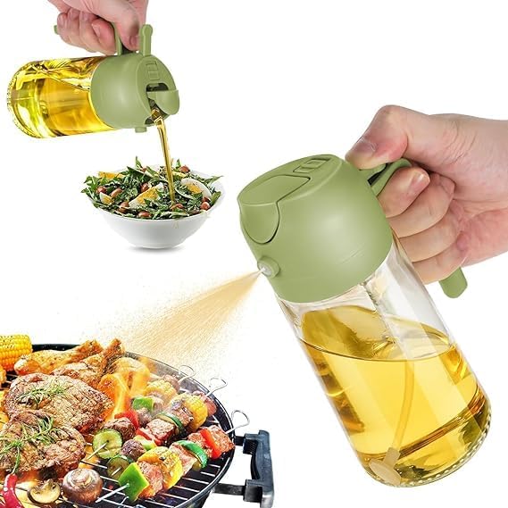 VAIDUE Oil Spray Bottle And Dispenser For Cooking 500ML, 2 in 1 Glass Olive Oil Sprayer for Cooking, Refillable Food Grade Oil Vinegar Sprayer for Air Fryer Salad Baking Grilling Frying BBQ