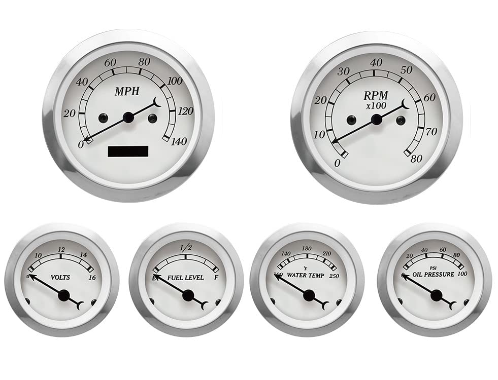 MOTOR METER RACING Classic 6 Gauge Set with ECU Based Electrical Speedometer Digital Odometer White Dial White Needle Light Bulb Illumination 85mm 3-3/8" & 52mm 2-1/16"