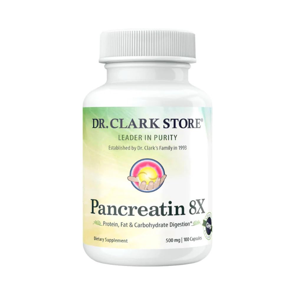 Dr. Clark Pancreatin 8X Enzyme Supplement 500mg | Several Digestive Aids Formulas Promotes Proteins, Fat | Carbohydrates Healthy Supports Optimal Digestion - 100 Gelatin Capsules