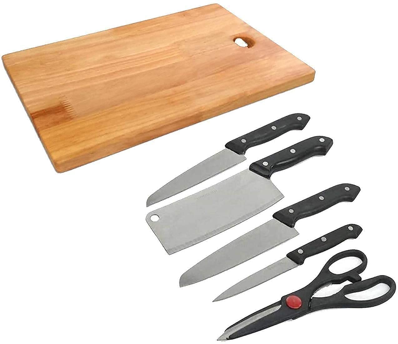 NAJAMA MALL™ Wooden Chopping Board with Knife Set and Scissor, 6 Piece Stainless Steel Kitchen Knife Knives Set with Knife Scissor, Knife Sets- (Wooden) (BROWN1)