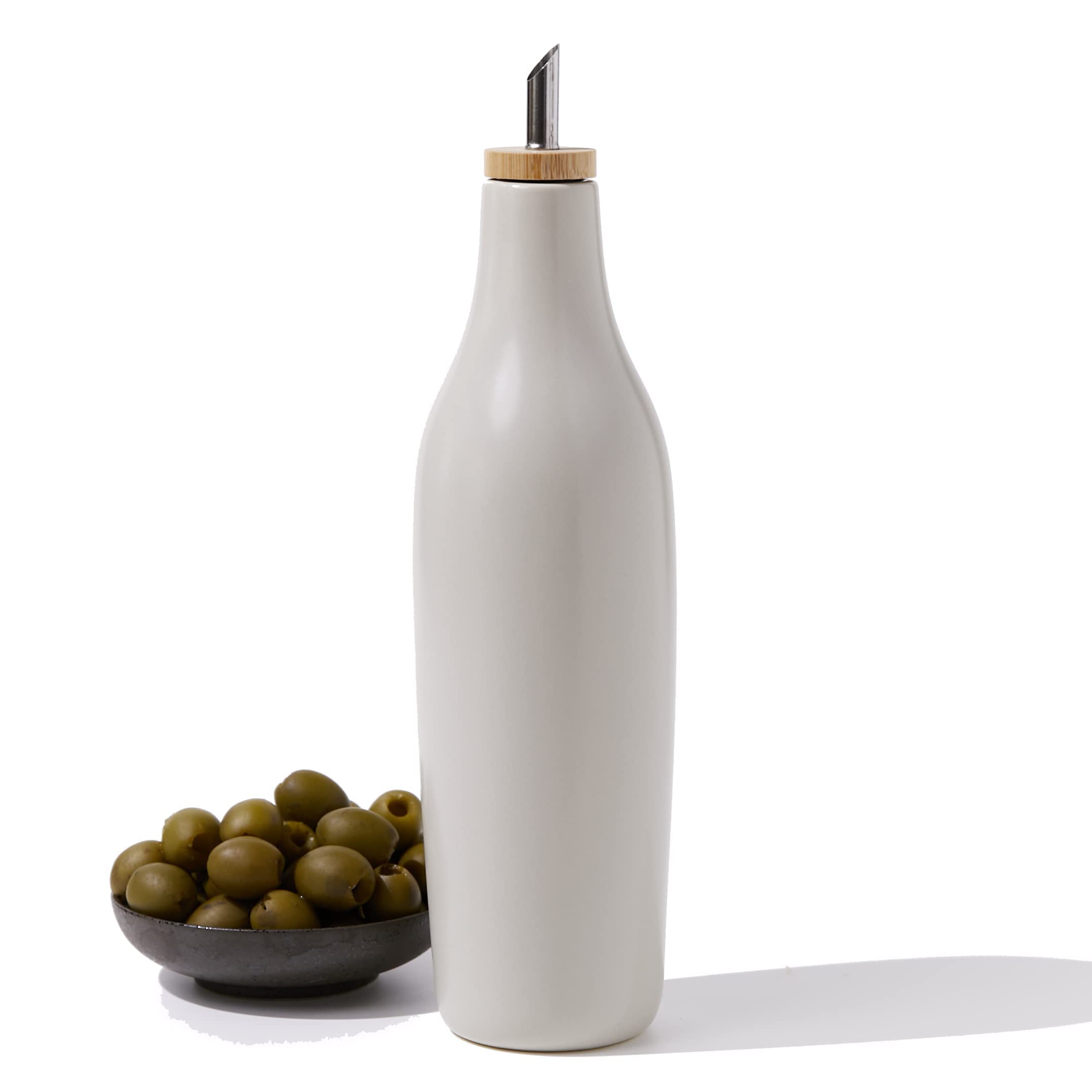 Olive Oil Dispenser Bottle Stoneware Ceramic for EVOO or Vinegar | Modern Design | Large Capacity 16.9 ounce | Oil Container | Warm Grey