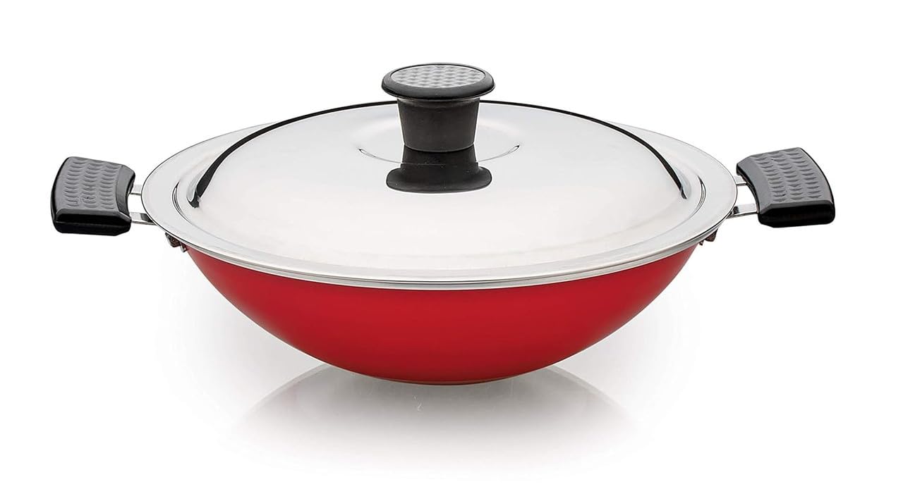 Sowbagya Non Stick Aluminium Deep Appakadai with Stainless Steel Lid, Thickness - 2.6 mm (Red)