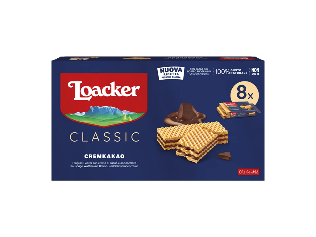 LoackerClassic Cremkakao - Classic Wafer with 3 Layers of Stuffed Waffles with Cocoa and Chocolate Cream - Snack and Snack - Pack of 8 Pieces of 45 g