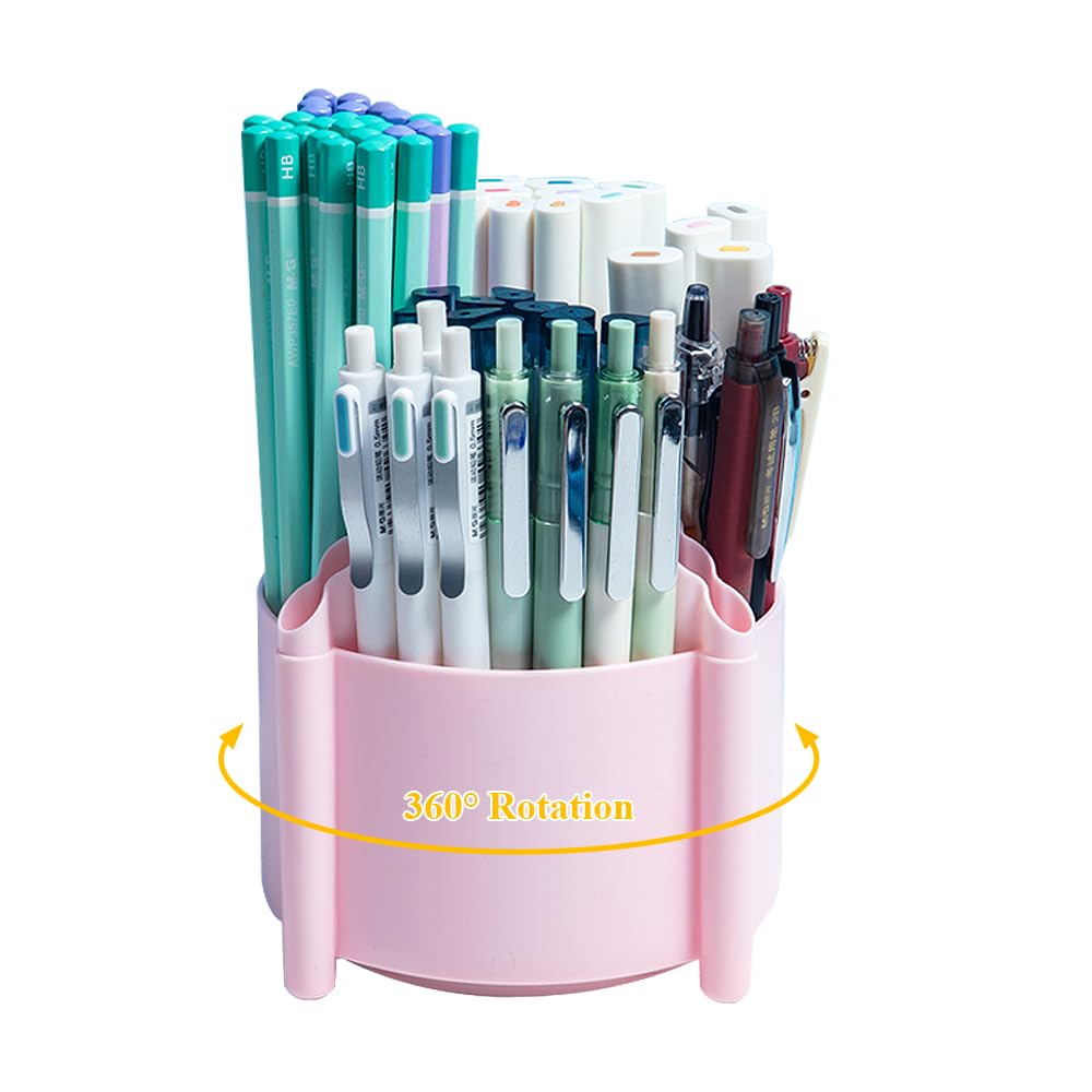 M&G 360 Degree Rotating Desk Organizer, Rotating Pen Holder for Desk, Cute Rotating Pencil Holder for Desk with 4 Compartments, Pencil Cup Holder for Make Up Brush Office School Home (Pink)