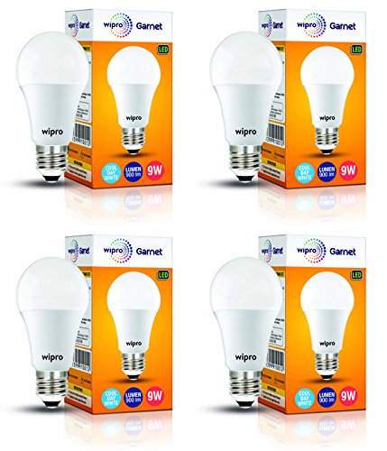 wipro9W e27 LED Cool Day Light Bulb, Pack of 4, (Garnet)