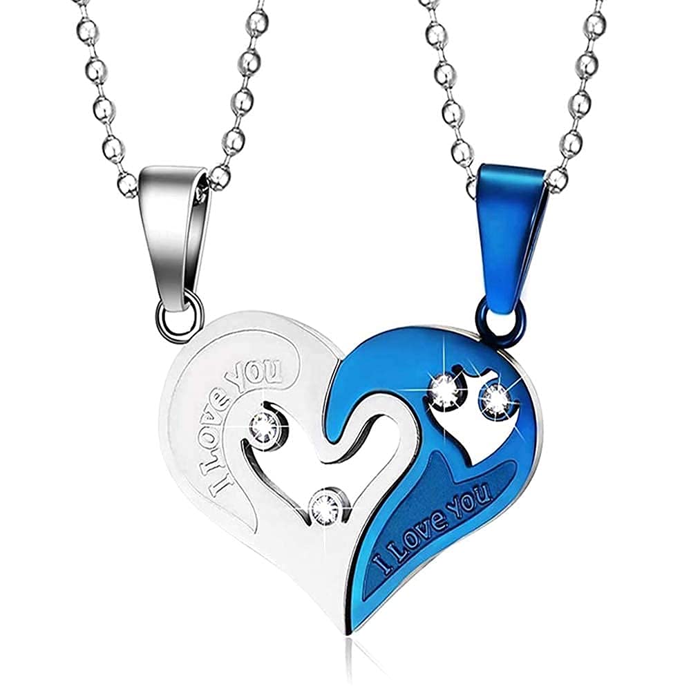 Kanak JewelsUnisex-adult Valentine Special Golden-Blue Platinum Titanium Cz Crystal Stainless Steel Alloy Brass Broken Two Half Heart Shape Love Locket Necklace - 2 Pieces Set