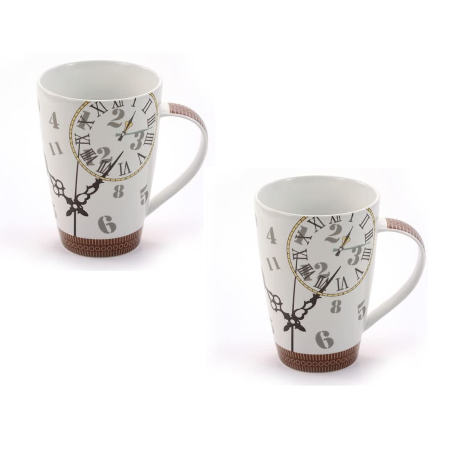 ChaCult | Decorated Porcelain Mugs | 2 Bowl Mugs Herbal Tea Decor Clock | Kitchen Mug | Printed Breakfast Cups | Cup Large Mug | Set of 2 Porcelain Mugs