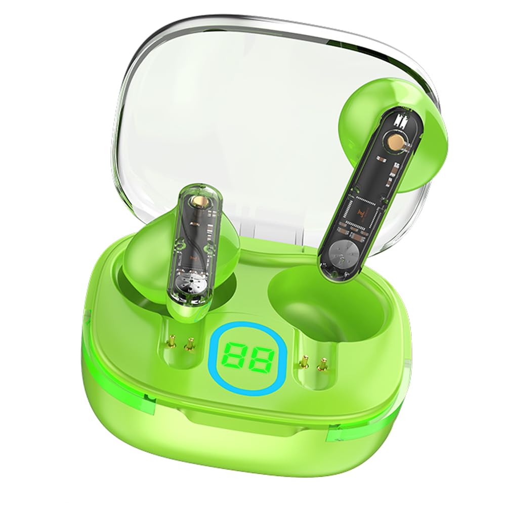 MAcnasWireless Headphones, Bluetooth ENC Noise Cancelling Translucent Earbuds, LED Power Display Translucent Earphones Mini Sport IP4 Waterproof Sweat Resistant Headphones (Green)