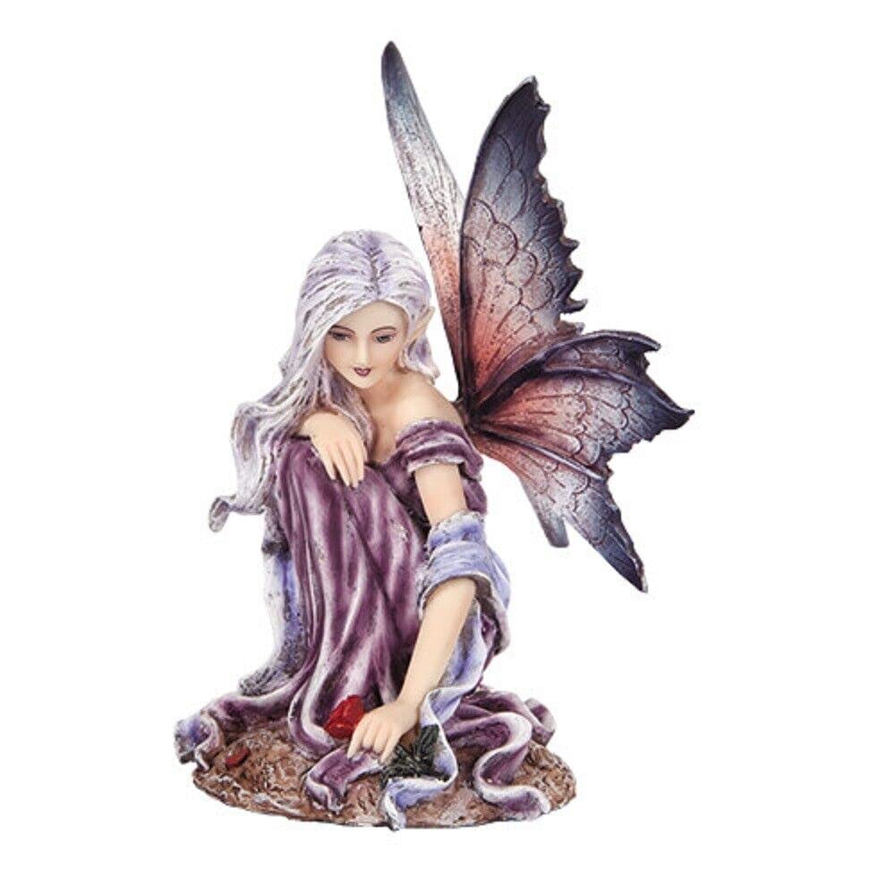 Pacific Giftware 5.25 Inch Fairyland Purple Winged Fairy with Red Rose Statue Figurine