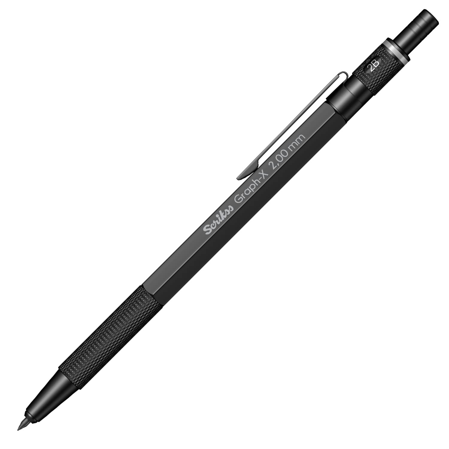 Scrikss 2.0mm Mechanical Clutch Lead Pen Pencil Matt Black Brass Body Push Mechanism Graph-X Series Mini Removable Sharpener