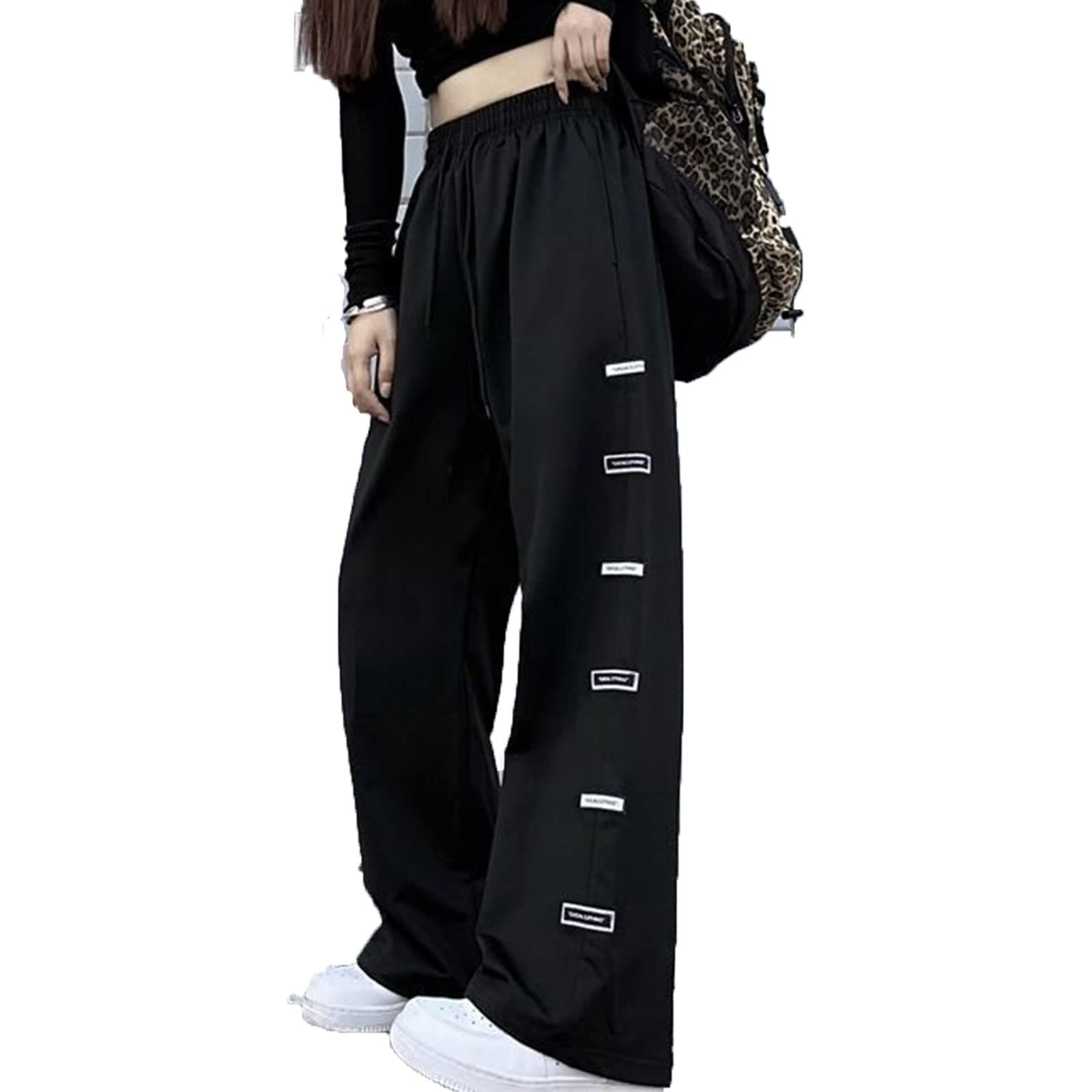 HRTLSSHRTLSS Women's Pants سروال عريض الساق نساء سوداء سوداء سوداء في الخريف شارع الشارع فضفاض