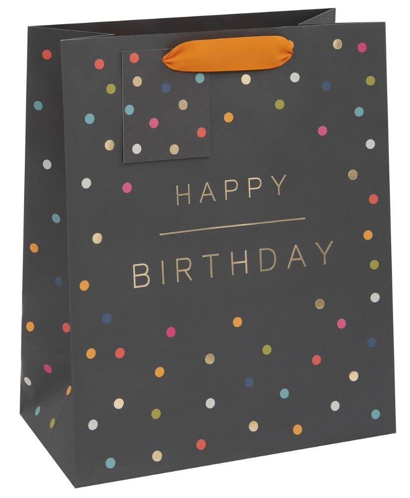 Glick Luxury Gift Bag, Black Happy Birthday Large Gift Bag, Celebration Gift Bag, Think of Me Happy Birthday Spots Gift Bag, Gift Wrap Bag, 260x315x135mm, Multi-Colour