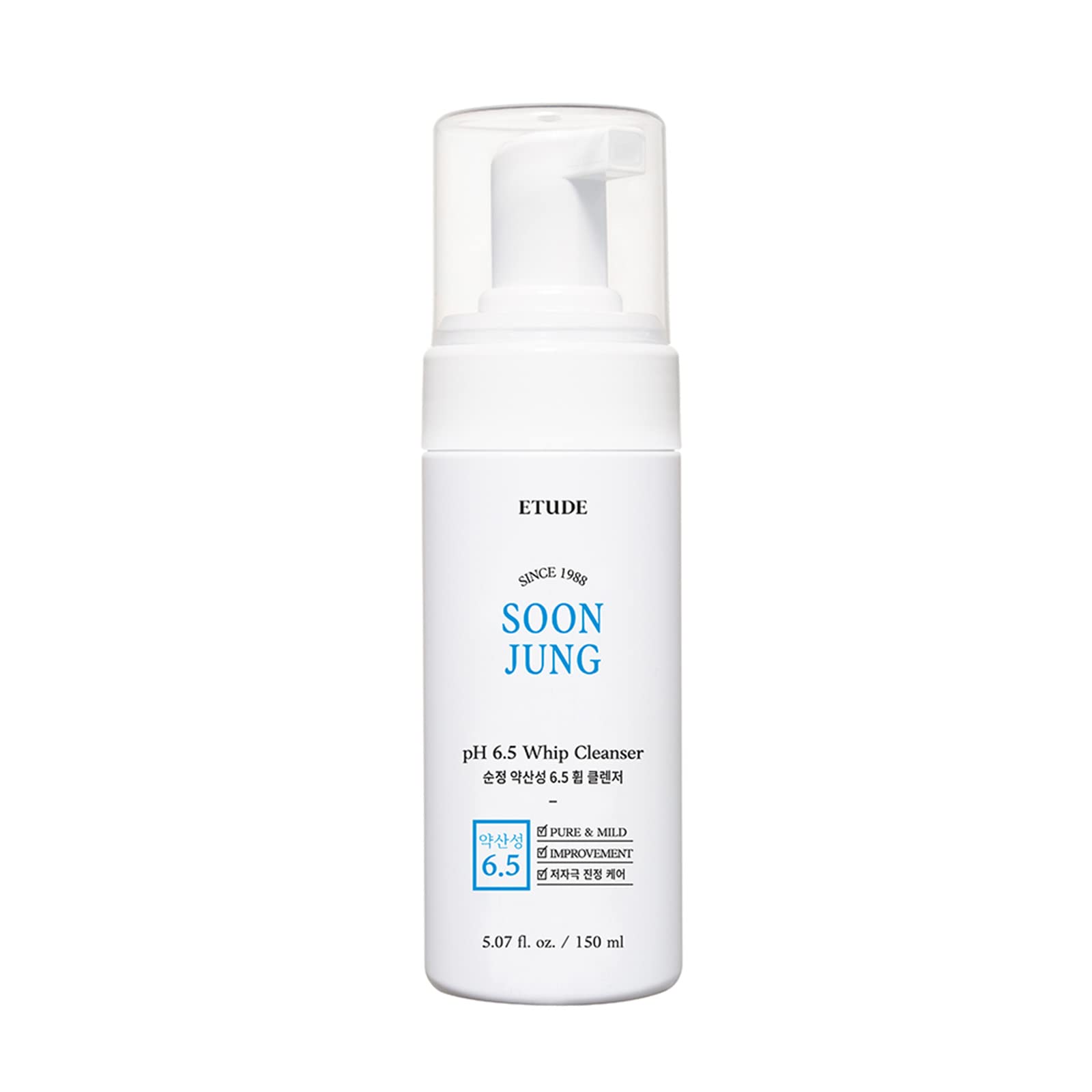 Etude House SoonJung pH 6.5 Whip Cleanser 5.1 fl. oz. (150ml) 21AD| Non Comedogenic & Hypoallergenic Soft Bubble Hydrating Facial Cleanser for Sensitive Skin