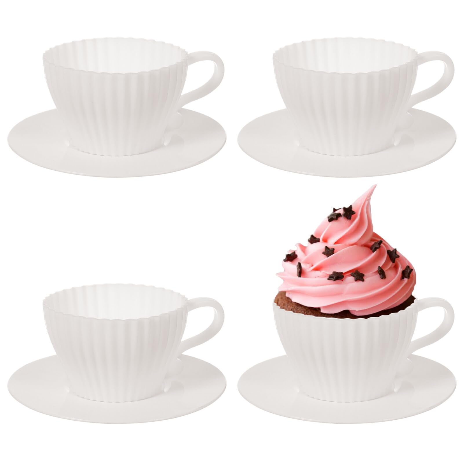 HemotonCupcake Liners 8pcs Silicone Tea Cups and Saucer Set Cupcake Teacup Muffin Pie Cup Liner Silicone Cupcake Party Cups for Birthday Afternoon Tea Party Chocolate Silicone Molds