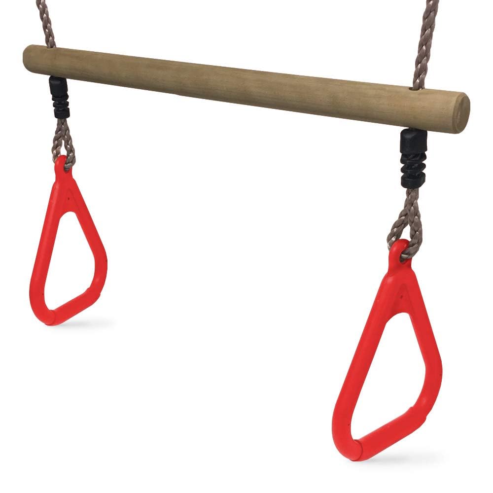 HIKS Kids Trapeze bar with Red Gym rings for Climbing Frame (also available in Green, Blue, Pink & Purple)