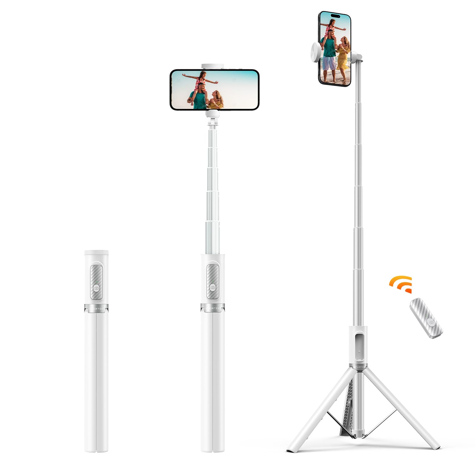 ATUMTEK62" Selfie Stick Tripod, Extendable Aluminum Tripod with Rechargeable Bluetooth Remote, Compatible with iPhone and Android Smartphones, Perfect for Travel, Vlog, Video and Photo, White