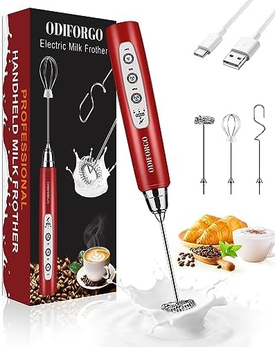 ODIFORGO Milk Frother Handheld, USB Type-C Rechargeable Electric Whisk 3 Speed Adjustable, Coffee Frother Wand with 3 Stainless Whisks, Drink Mixer Blender for Latte Cappuccino Matcha Egg