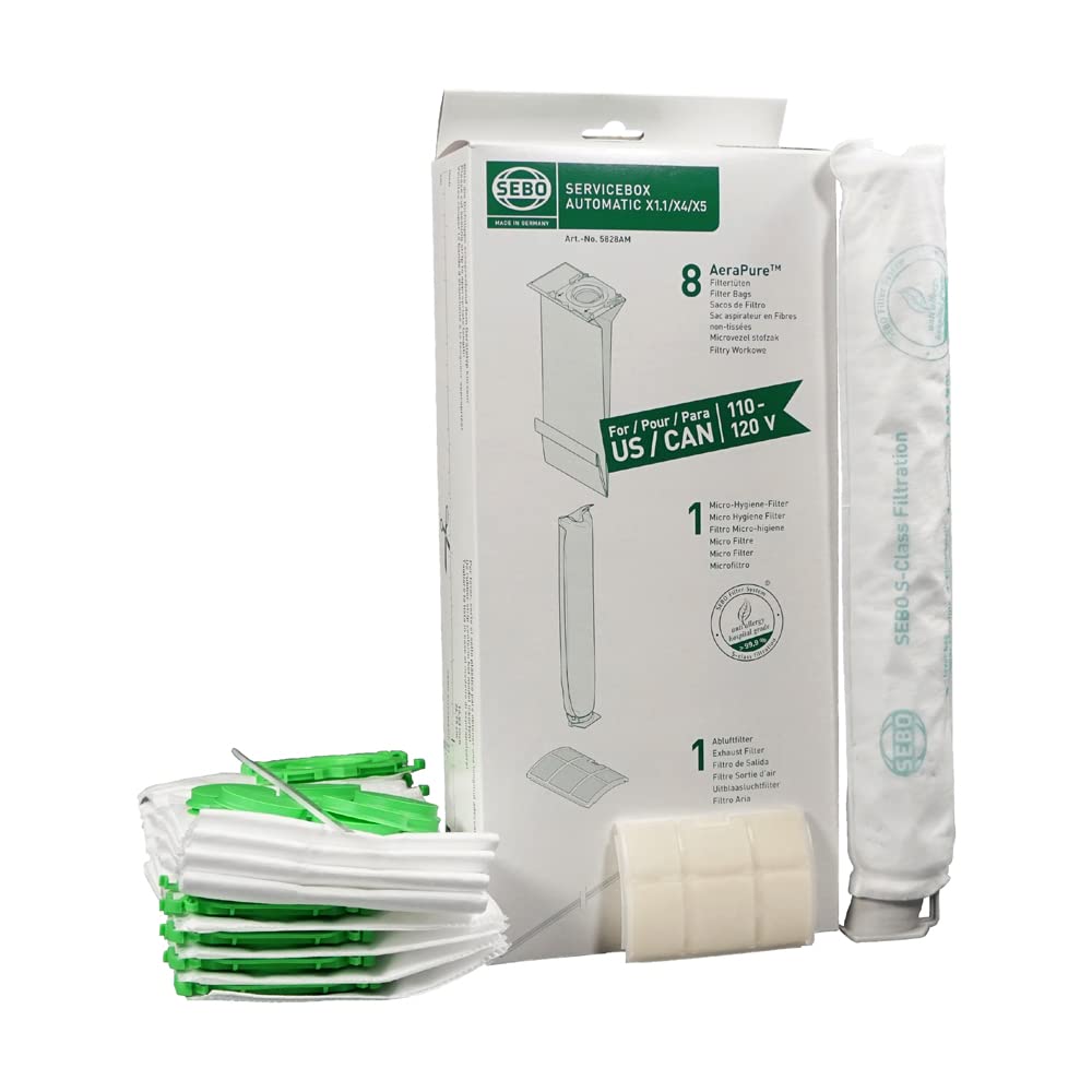 SEBO5828ER Service Box for X1 - X5 Vacuum cleaners includes 8 x Filter Vacuum Bags, Exhaust Filter, Electrostatic Microfilter and Sealing Strip, Green