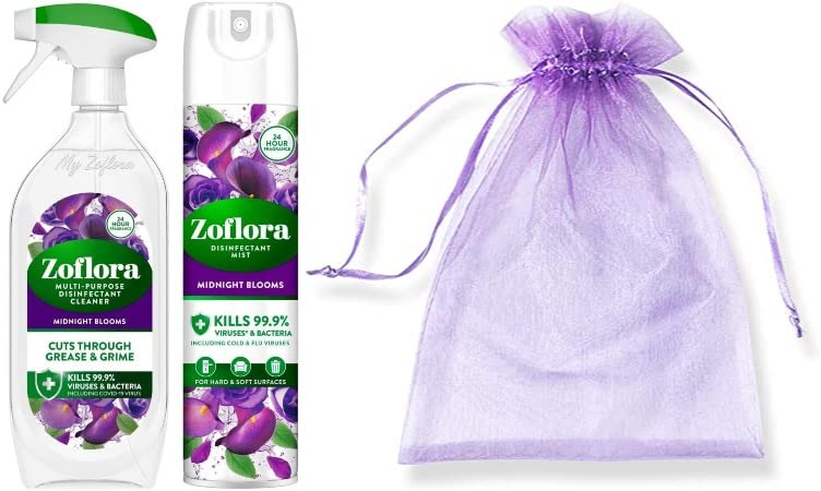 Zoflora Multi Purpose Disinfectant Cleaner Spray, 800 ml + Zoflora Air Spray Disinfectant Mist, 300 ml, Midnight Blooms Bundle Scent + Our Gift for You: Organza Bag Size: 9x7x0.1cm