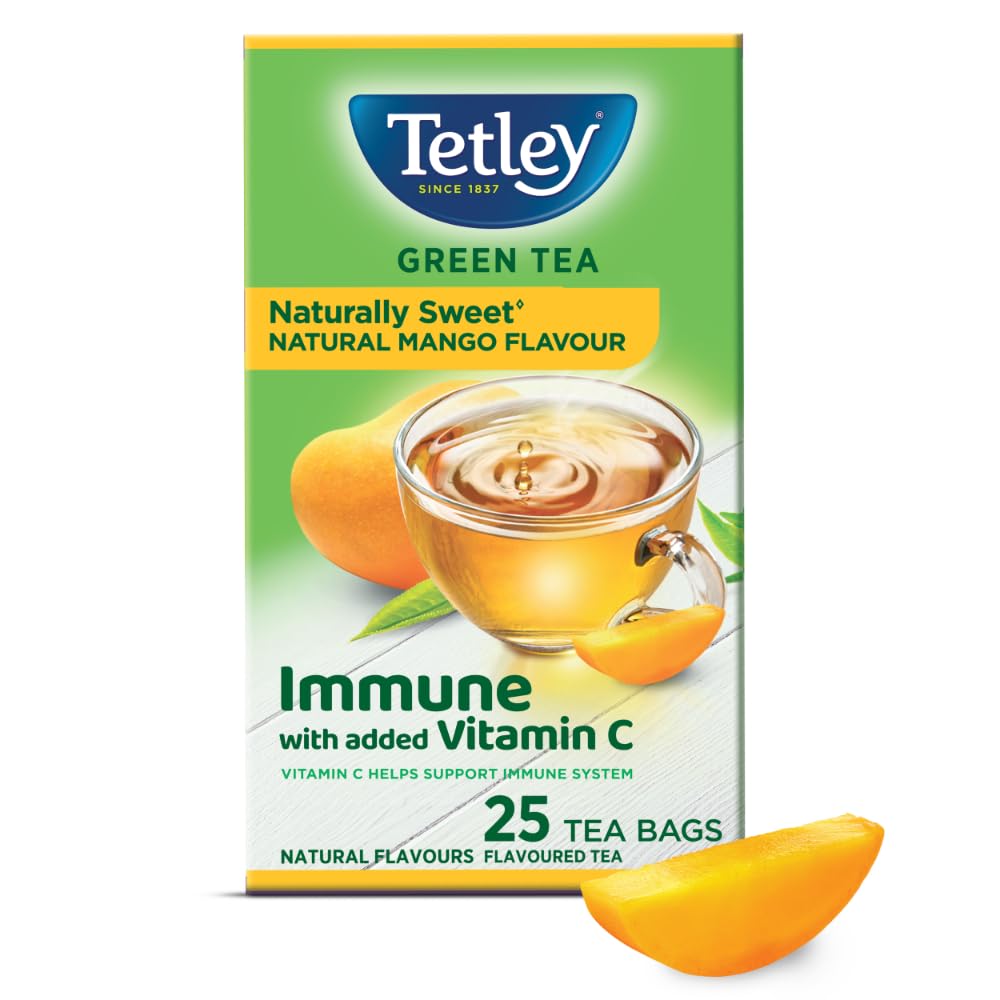 Tetley Green Tea Immune, With Added Vitamin C, Naturally Mango Flavour, 25 Tea Bags, 1.3gx25, 32 Grams