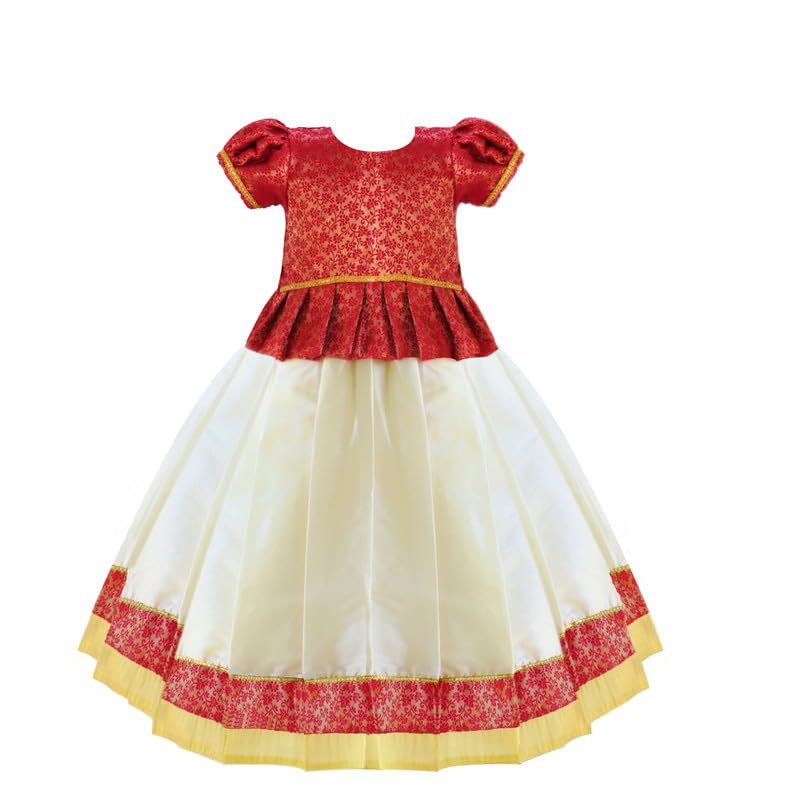 Stanwells KidsCream & Dark Rany Pink Baby Girls Banarasi Silk Traditional Kerala Lehenga Choli Set