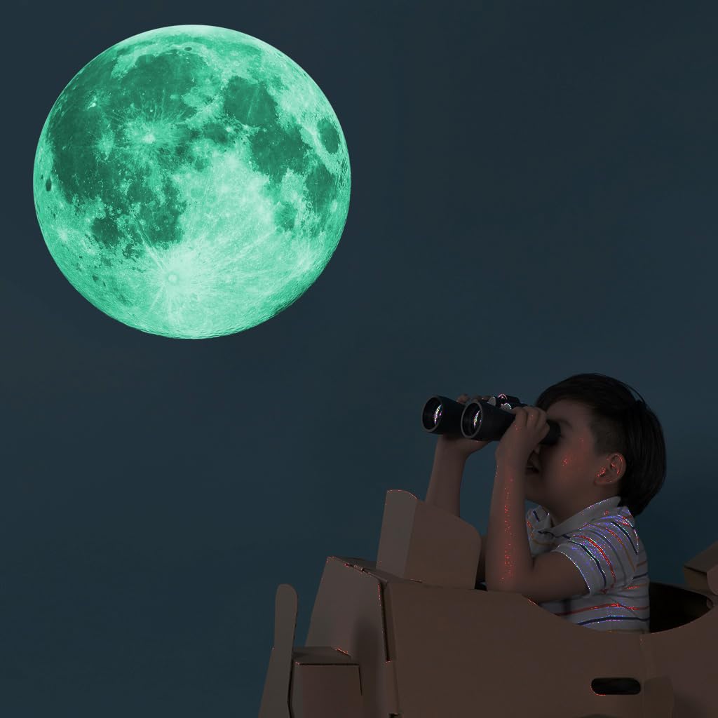 QuanhaigouGlow in The Dark Wall or Ceiling Moon Stickers – Green Luminous Big Moon Wall Stickers DIY Decor for Kid Room