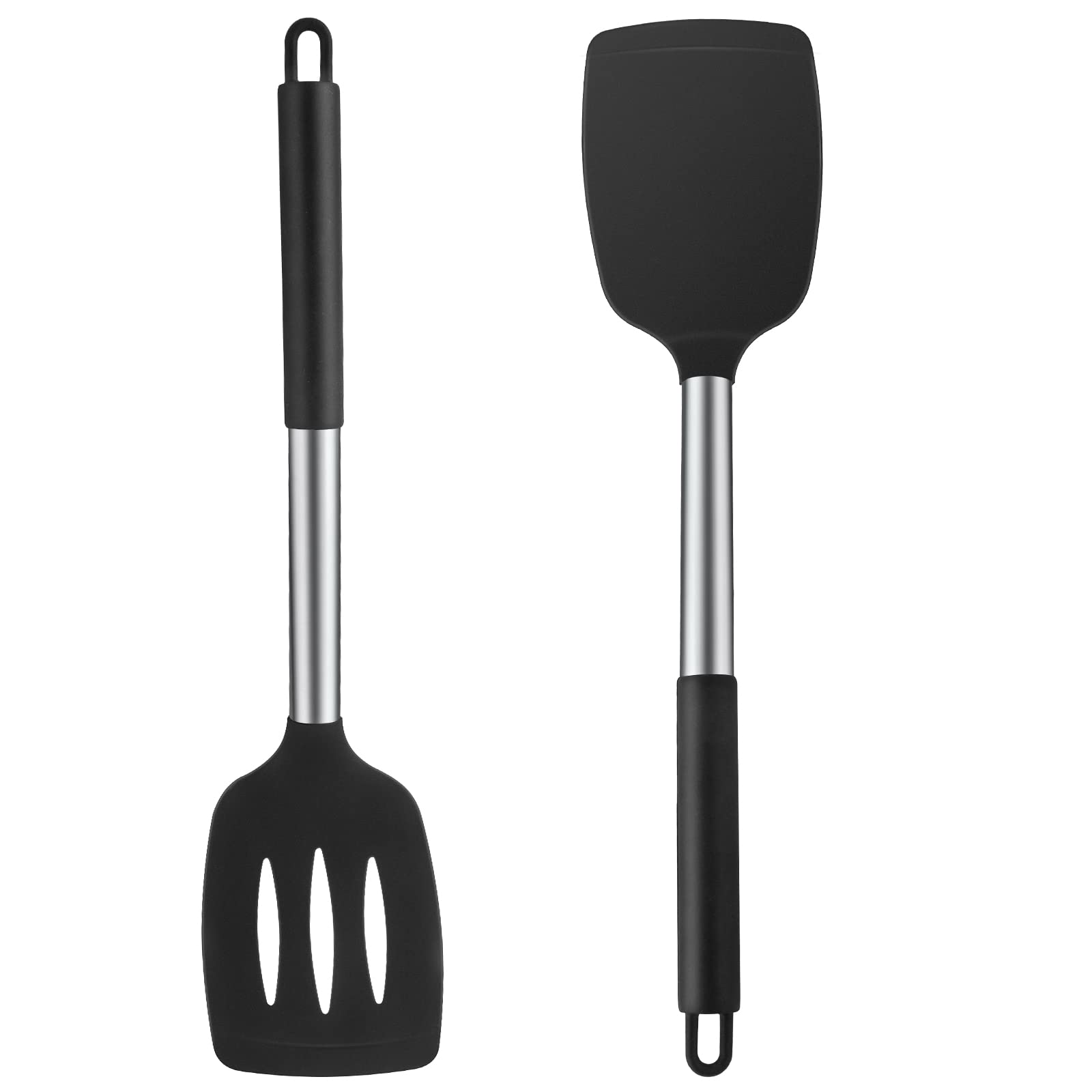 Silicone Spatulas Turners, Solid & Slotted Silicone Spatula Set, Non Stick Turners,Ailsoes Heat Resistant BPA Free Rubber Spatulas for Fish, Eggs, Pancakes, WOK，2 Pack (Black)