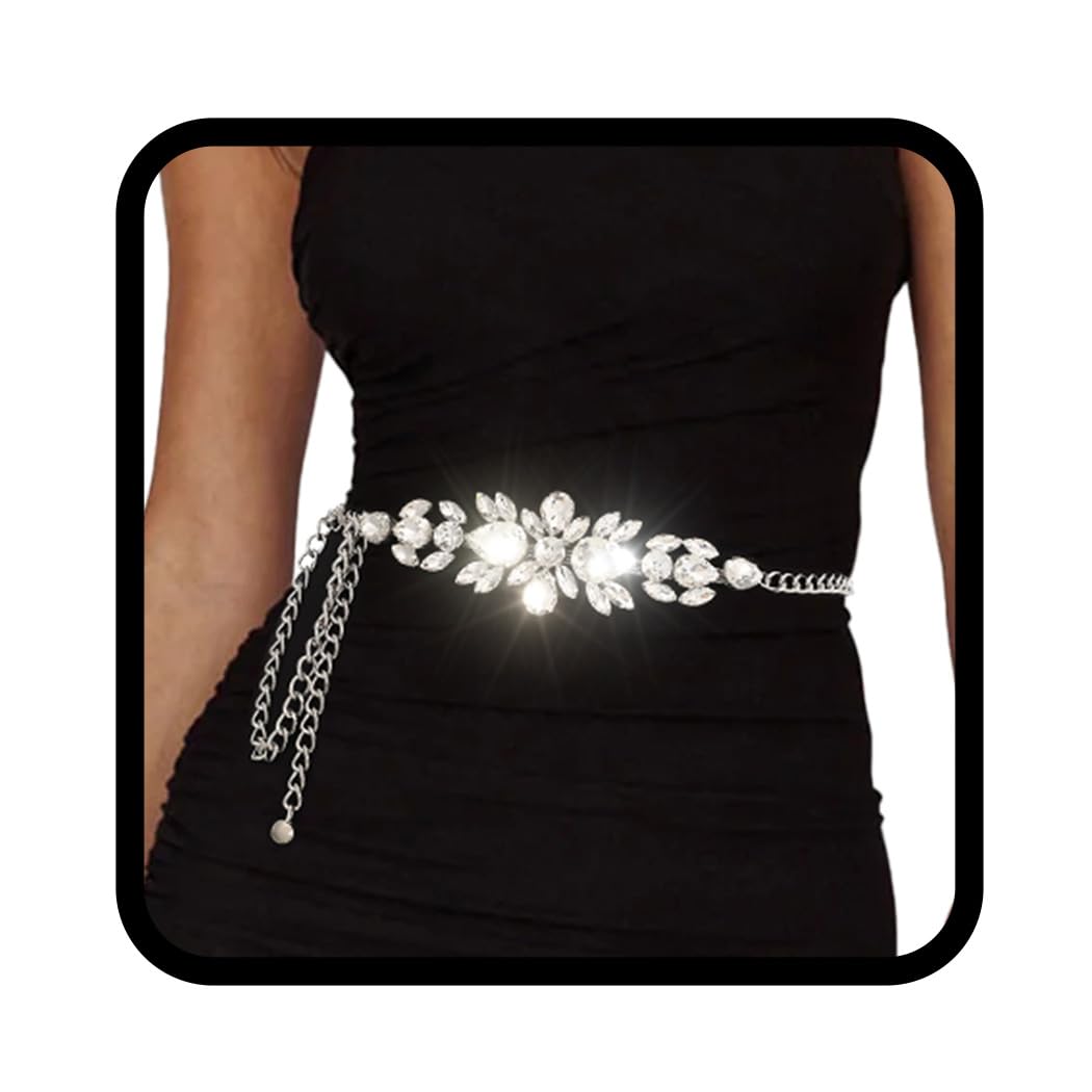 AsoollRhinestone Sparkly Waist Chain Jewelry Crystal Silver Waist Chains Belt for Women