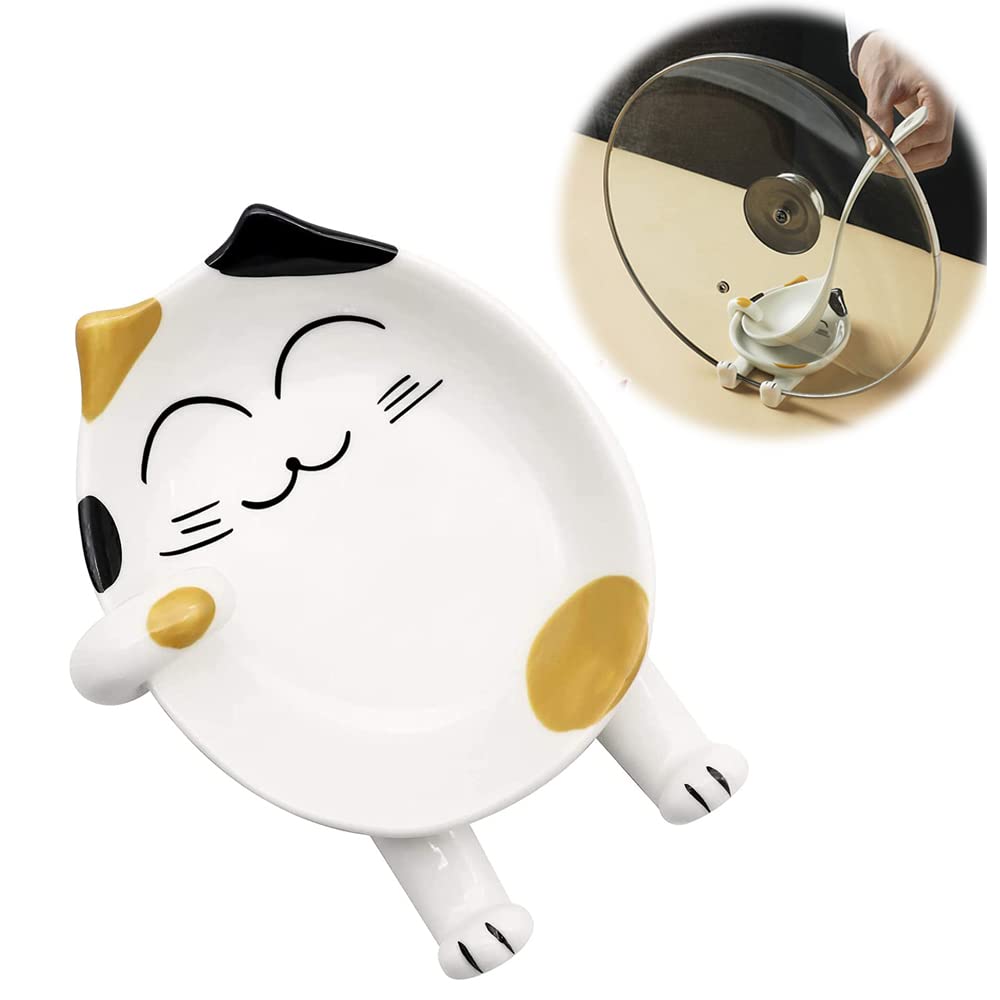 DELFINO Spoon Rest for Kitchen, Ceramic Cute Cat Spoon Holder for Cooking, Counter, Stove Top, Utensil Holder, Coffee Spoon Rest, Kitchen Decor, Cute Novelty Gift for Cat Lover (Yellow)