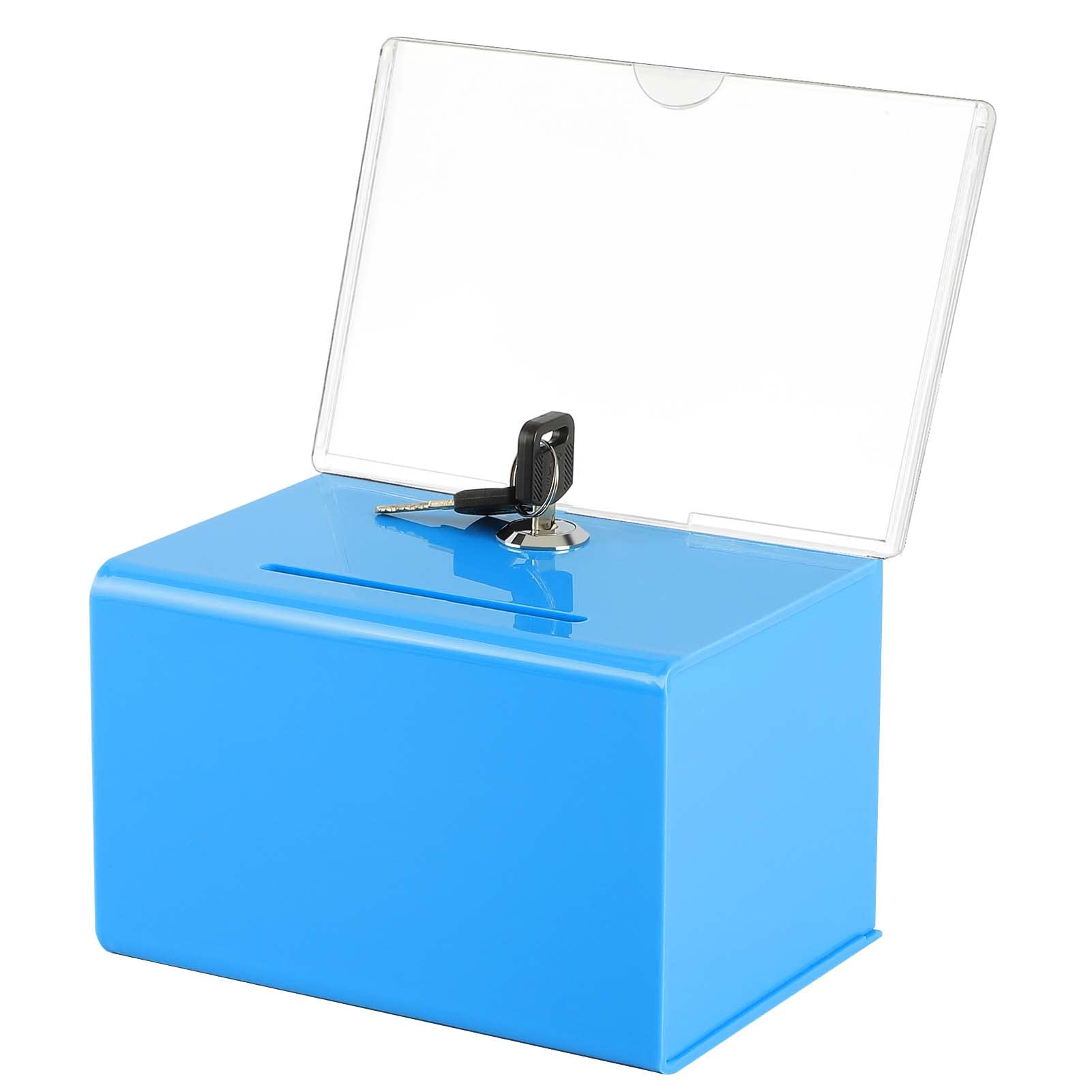 MaxGear Acrylic Donation Suggestion Box with Lock, Secure and Safe Tip Jars, Ballot Donation Boxes Great for Business Cards, Fundraising (6.25" x 4.5" x 4") - Blue