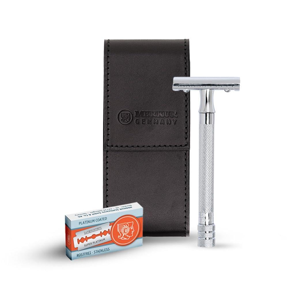 MERKUR5005 Travel Shaving Set featuring MERKUR 23C Three-piece Safety Razor with Long Handle & Bright Chrome Finish, 10 Double Edge Blades & Black Leather Case | Made In Germany