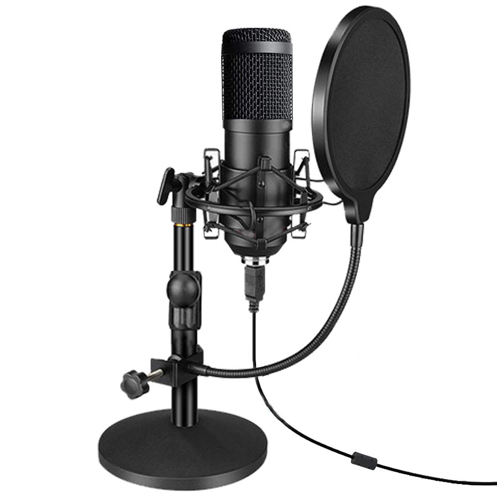 Angju USB Streaming Podcast PC Microphone, Professional 192kHz/24bit Studio Cardioid Condenser Mic Kit with Sound Card Boom Arm Shock Mount Pop Filter, for Skype Youtuber Karaoke Gaming Recording grey