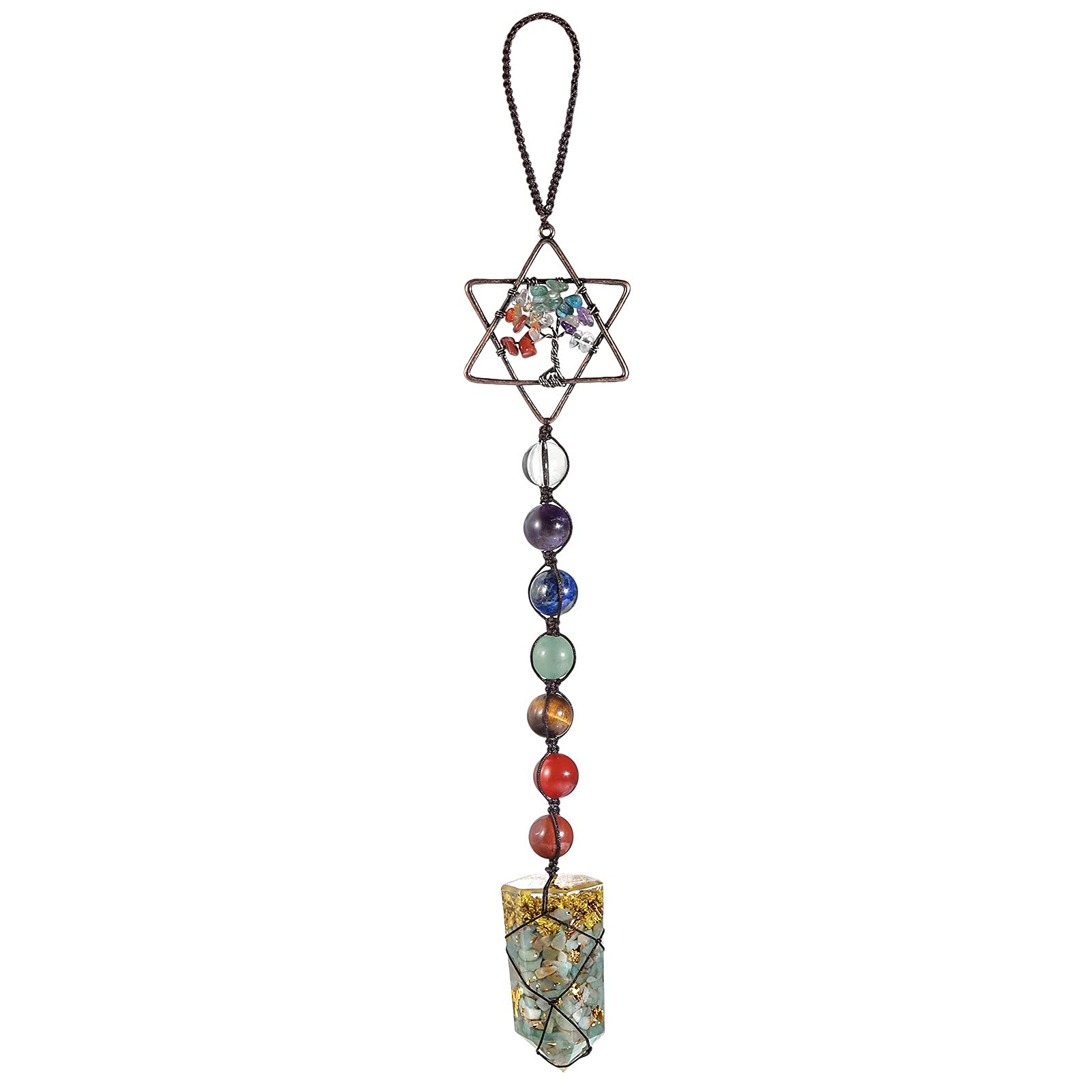 SUNYIK Orgone 7 Chakra Crystal Wand Tree of Life Hanging Ornament, Healing Crystal Point Hexagram Tumbled Crystal Stone Ornament for Home Car Wall Decoration, Aquamarine