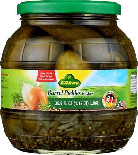 Kuhne Kosher Barrel Pickles, 35.9 fl oz, from Germany with with dill, onions and mustard seeds (pack of 2)