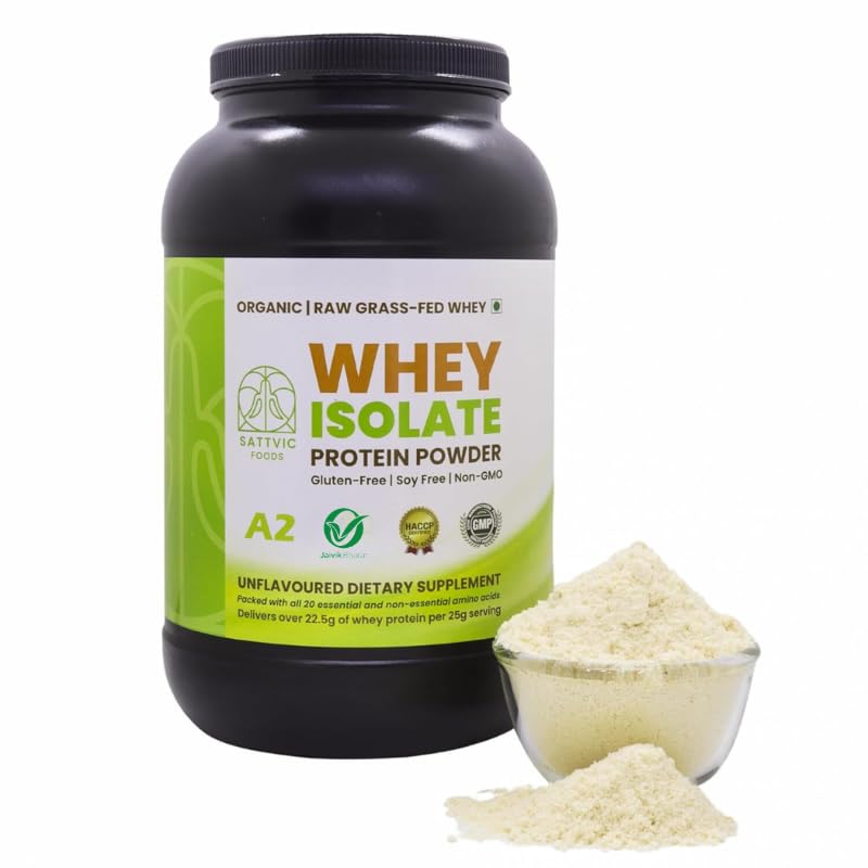 Sattvic Foods A2 Whey Isolate 90% Protein Powder (1 kg) | Certified Organic, Low Lactose | Grass-Fed, Unflavoured, Non-GMO | 22.5 g Protein per 25g Serving | Ideal for Muscle Building